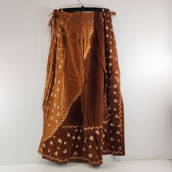 Vintage Hand Dyed Batik Long Skirt Tied Waist Brown Sepia - Picture 4 of 10
